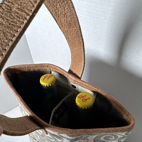 Myra Leather  Double Wine Bottle Bag Tote  Cowhide Leather Canvas - Picture 5 of 12